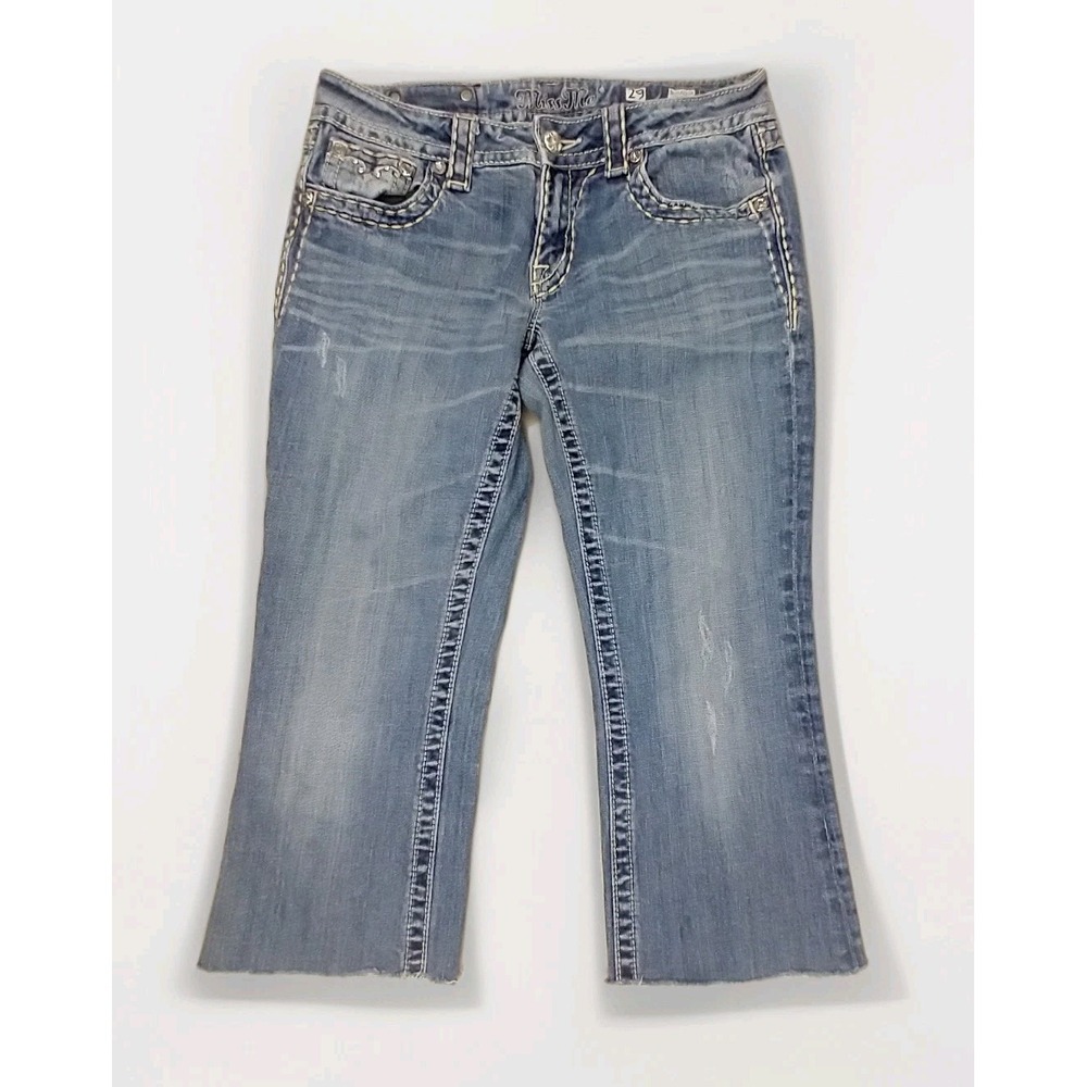 Miss Me Jeans Womens 29 Blue Capri Cutoffs Distressed Contrast Stitch Pockets